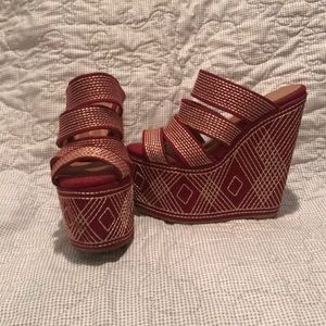 Jeffrey Campbell red embroidered platform shoe